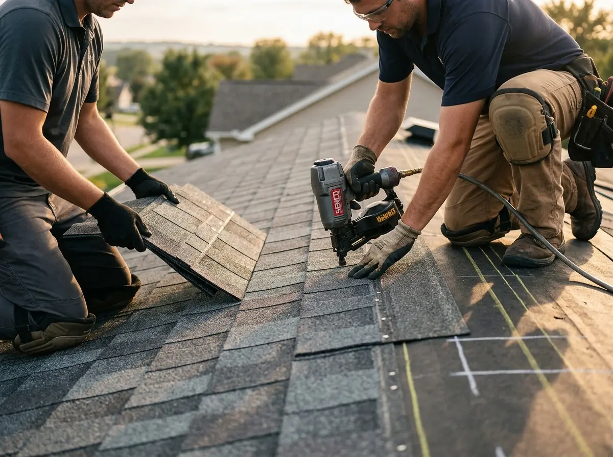 Professional roofer working on a residential roof in Lodi